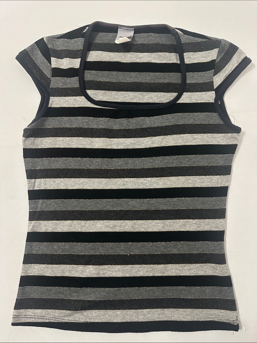Women's Black and Gray Striped Square Neck Short Sleeve Tee large Junior